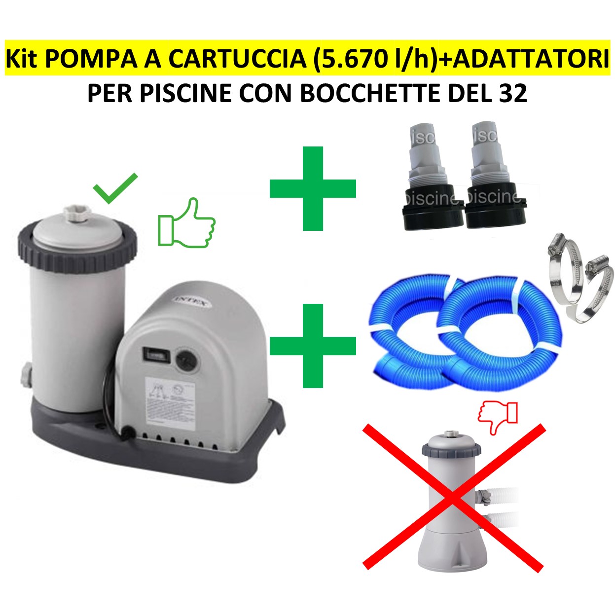 kit POMPA A CARTUCCIA (5.670 l/h) + ADATTATORI PER PISCINE CON TUBI DA 32 mm
